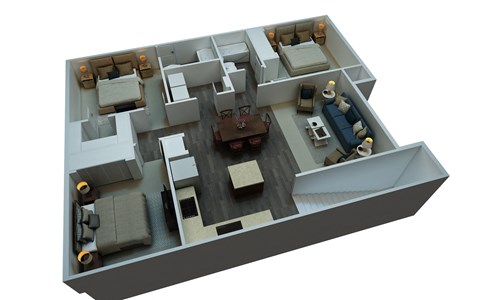 a 3d floor plan of a 2100 sq ft apartment